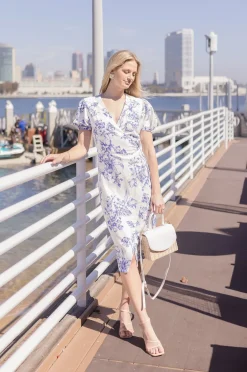 Tatiana Short Puff Sleeves Floral Print Wrap Midi Dress White