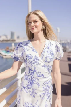 Tatiana Short Puff Sleeves Floral Print Wrap Midi Dress White