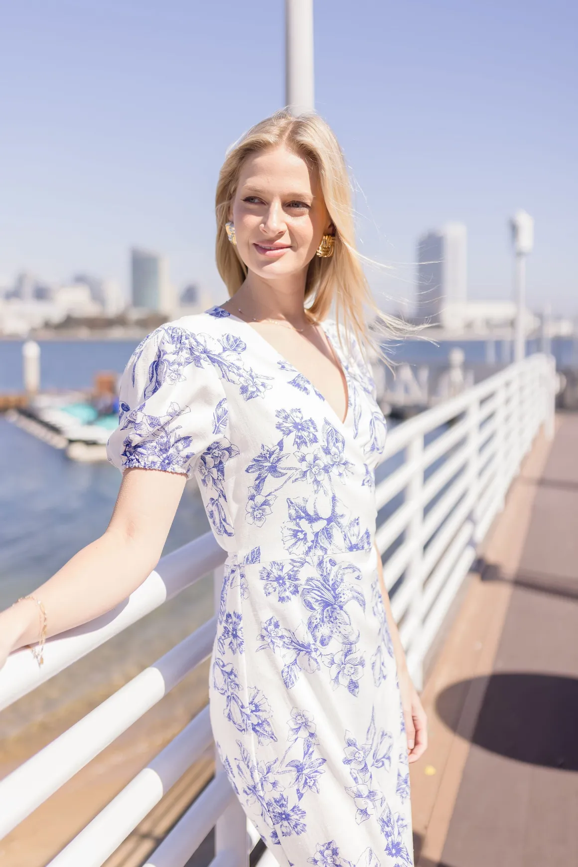 Tatiana Short Puff Sleeves Floral Print Wrap Midi Dress White