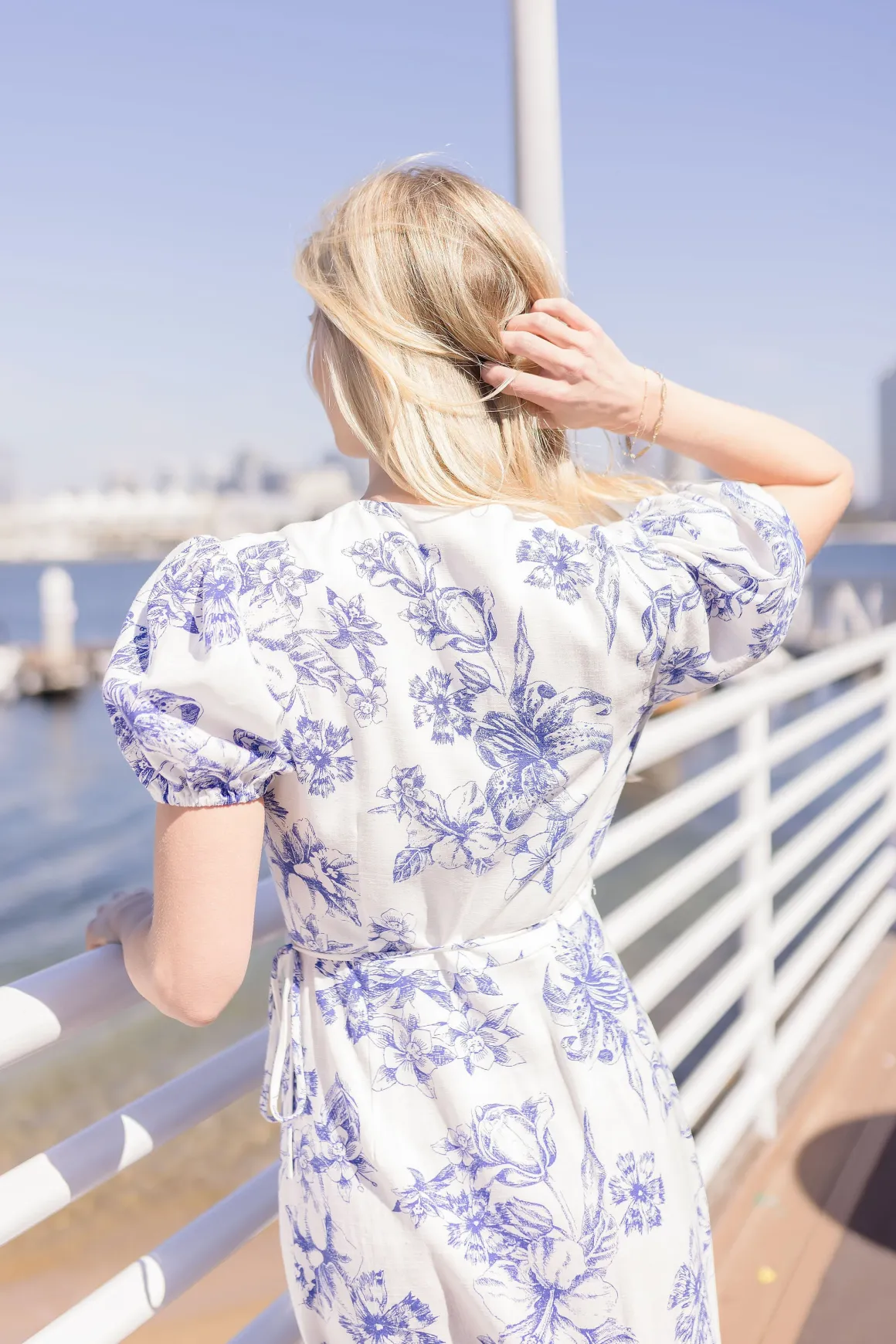 Tatiana Short Puff Sleeves Floral Print Wrap Midi Dress White