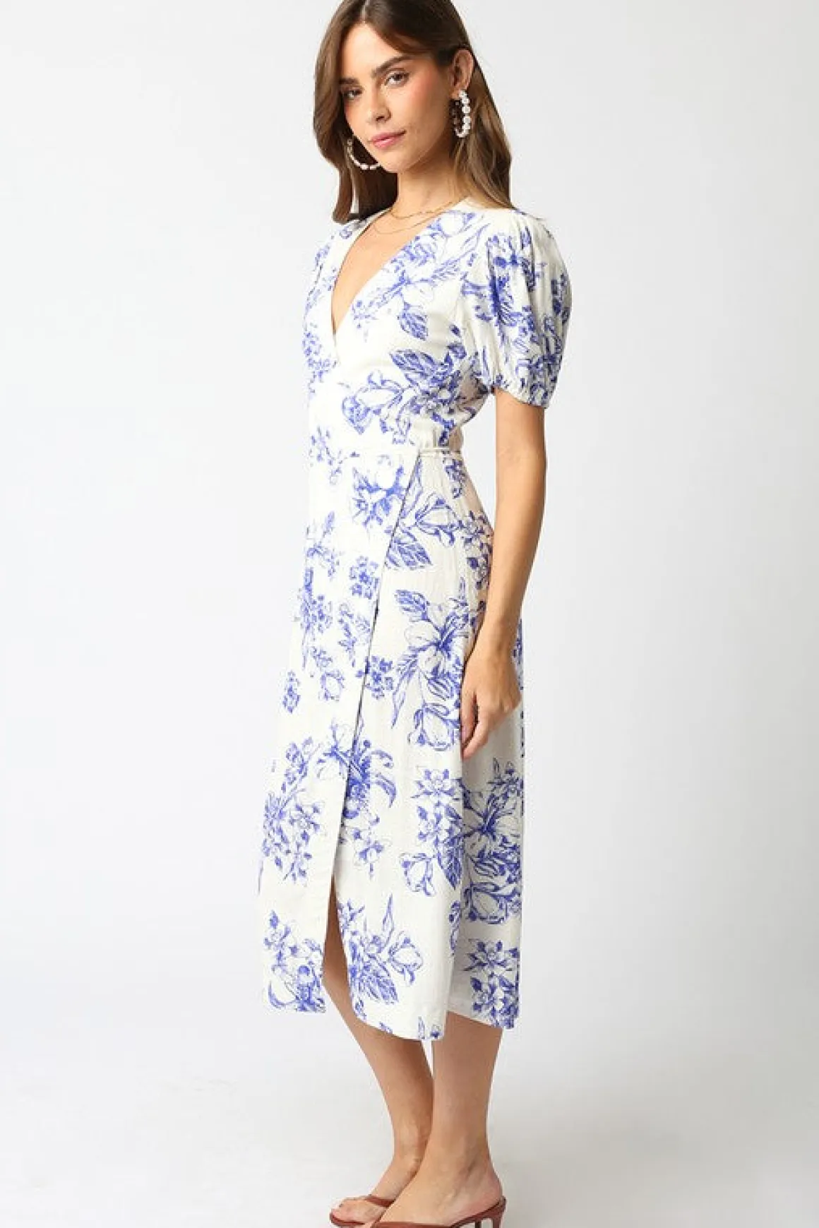 Tatiana Short Puff Sleeves Floral Print Wrap Midi Dress White