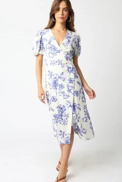 Tatiana Short Puff Sleeves Floral Print Wrap Midi Dress White