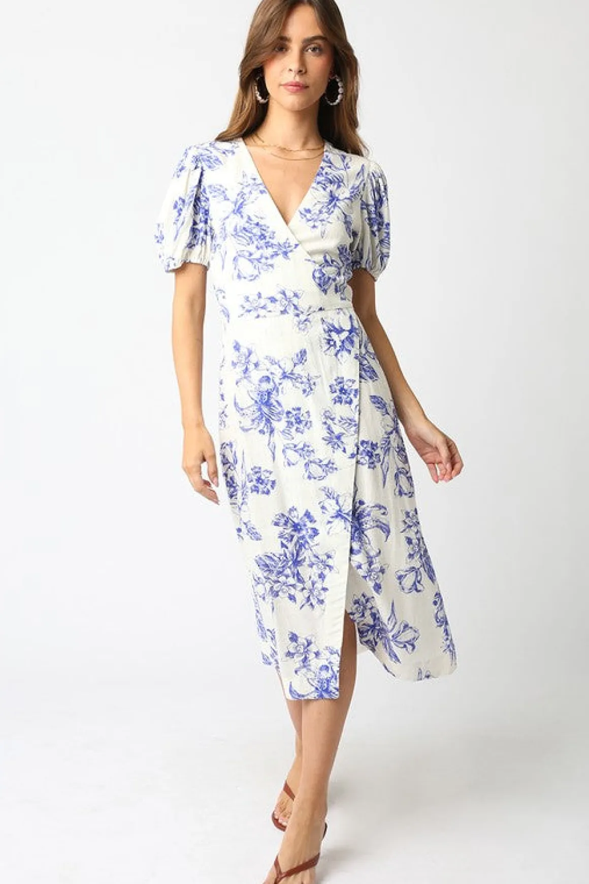 Tatiana Short Puff Sleeves Floral Print Wrap Midi Dress White