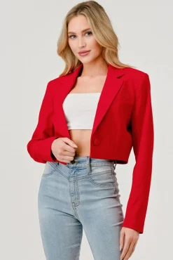 Tiana Long Sleeve Notched Lapel Crop Blazer Red