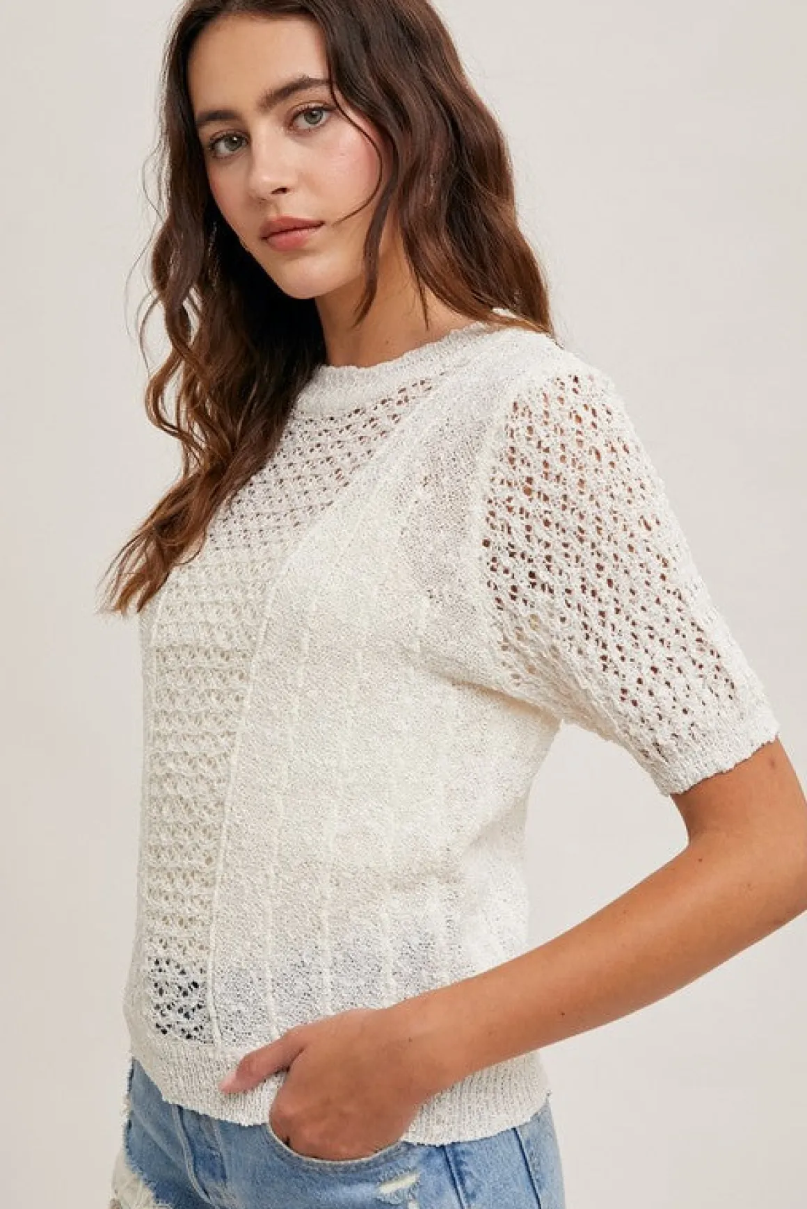Toni Short Sleeve Open Knit Top White