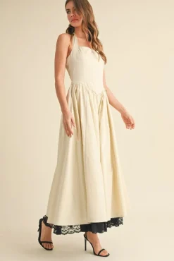 Tracy Sleeveless Halter Lace Contrast Midi Dress Ivory