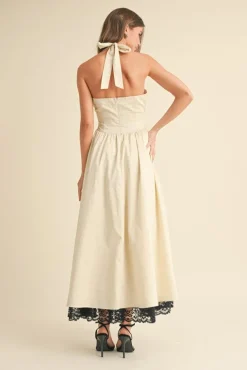 Tracy Sleeveless Halter Lace Contrast Midi Dress Ivory