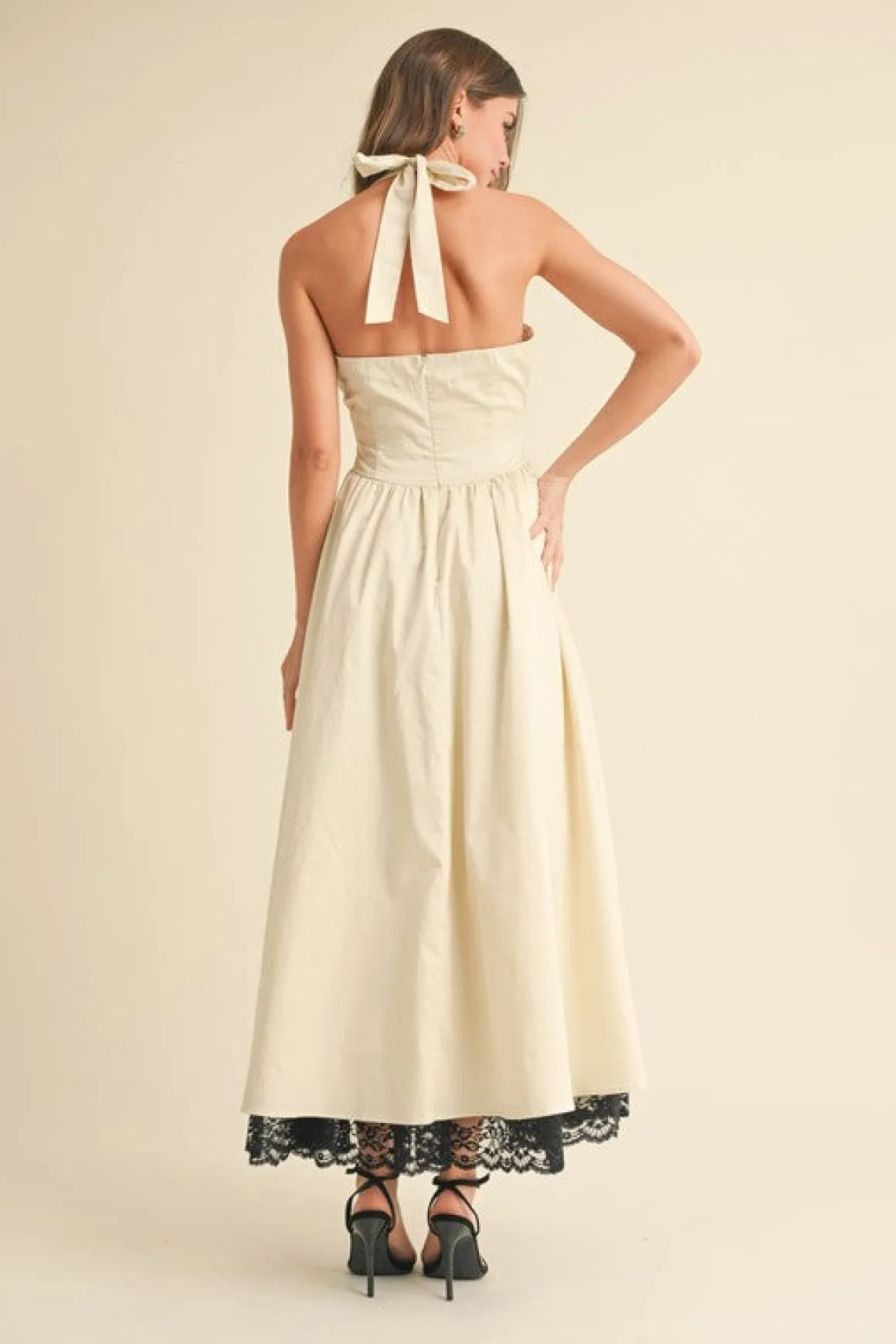 Tracy Sleeveless Halter Lace Contrast Midi Dress Ivory
