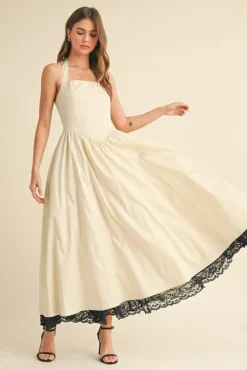 Tracy Sleeveless Halter Lace Contrast Midi Dress Ivory