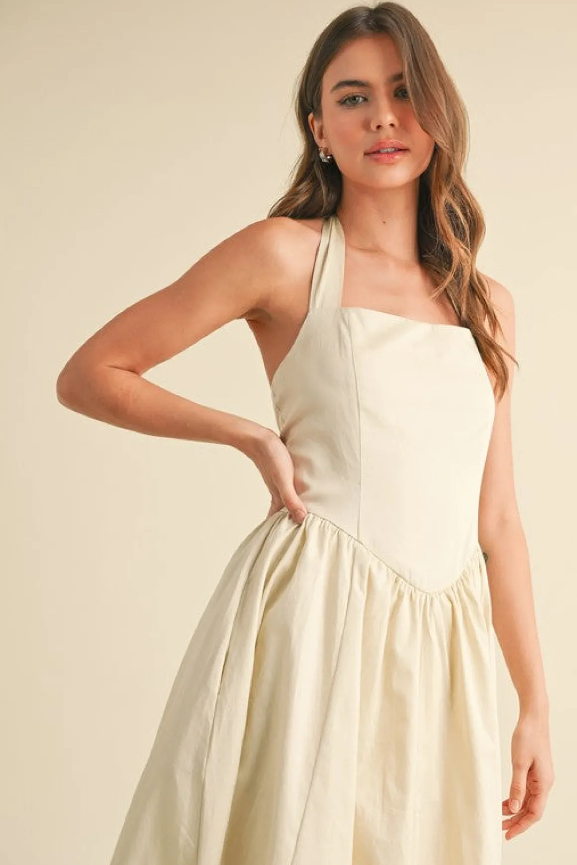 Tracy Sleeveless Halter Lace Contrast Midi Dress Ivory