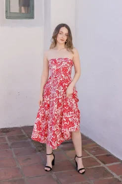 Vanessa Sleeveless Back Tie Floral Print Midi Dress Red