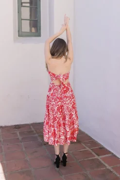 Vanessa Sleeveless Back Tie Floral Print Midi Dress Red