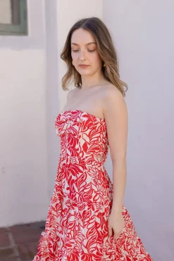 Vanessa Sleeveless Back Tie Floral Print Midi Dress Red