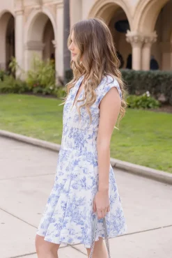 Vickie Shoulder Pad Sleeve Abstract Print Zip Up Mini Dress Blue