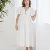 Virginia Short Puff Sleeve Bow Cut Out Midi Dress White