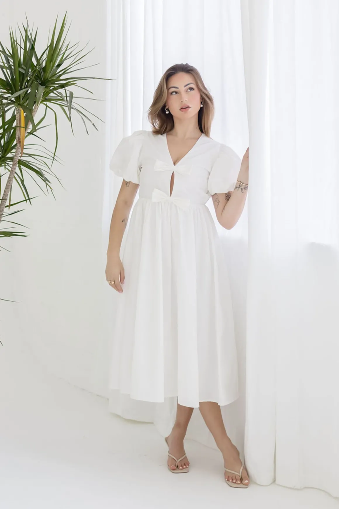Virginia Short Puff Sleeve Bow Cut Out Midi Dress White