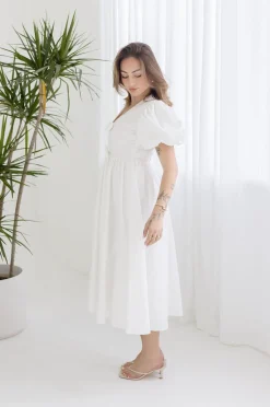 Virginia Short Puff Sleeve Bow Cut Out Midi Dress White