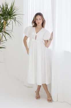 Virginia Short Puff Sleeve Bow Cut Out Midi Dress White