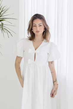 Virginia Short Puff Sleeve Bow Cut Out Midi Dress White
