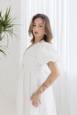 Virginia Short Puff Sleeve Bow Cut Out Midi Dress White