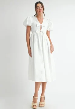 Virginia Short Puff Sleeve Bow Cut Out Midi Dress White