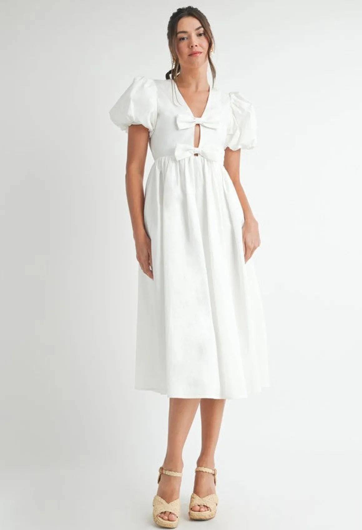 Virginia Short Puff Sleeve Bow Cut Out Midi Dress White