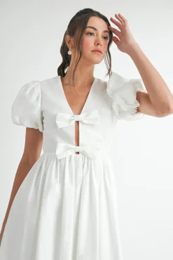 Virginia Short Puff Sleeve Bow Cut Out Midi Dress White