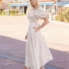 Waitlist 5/10 ♥ Jess Short Puff Sleeve Floral Print Midi Dress Peach