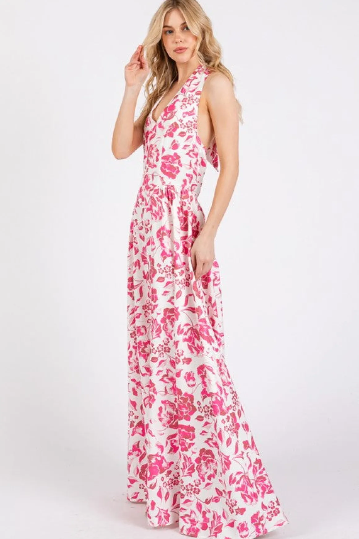 Waitlist 5/14 ♥ Alessandra Sleeveless Halter Floral Print Maxi Dress Pink