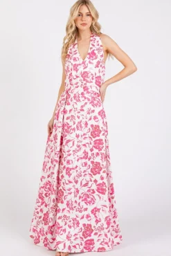 Waitlist 5/14 ♥ Alessandra Sleeveless Halter Floral Print Maxi Dress Pink