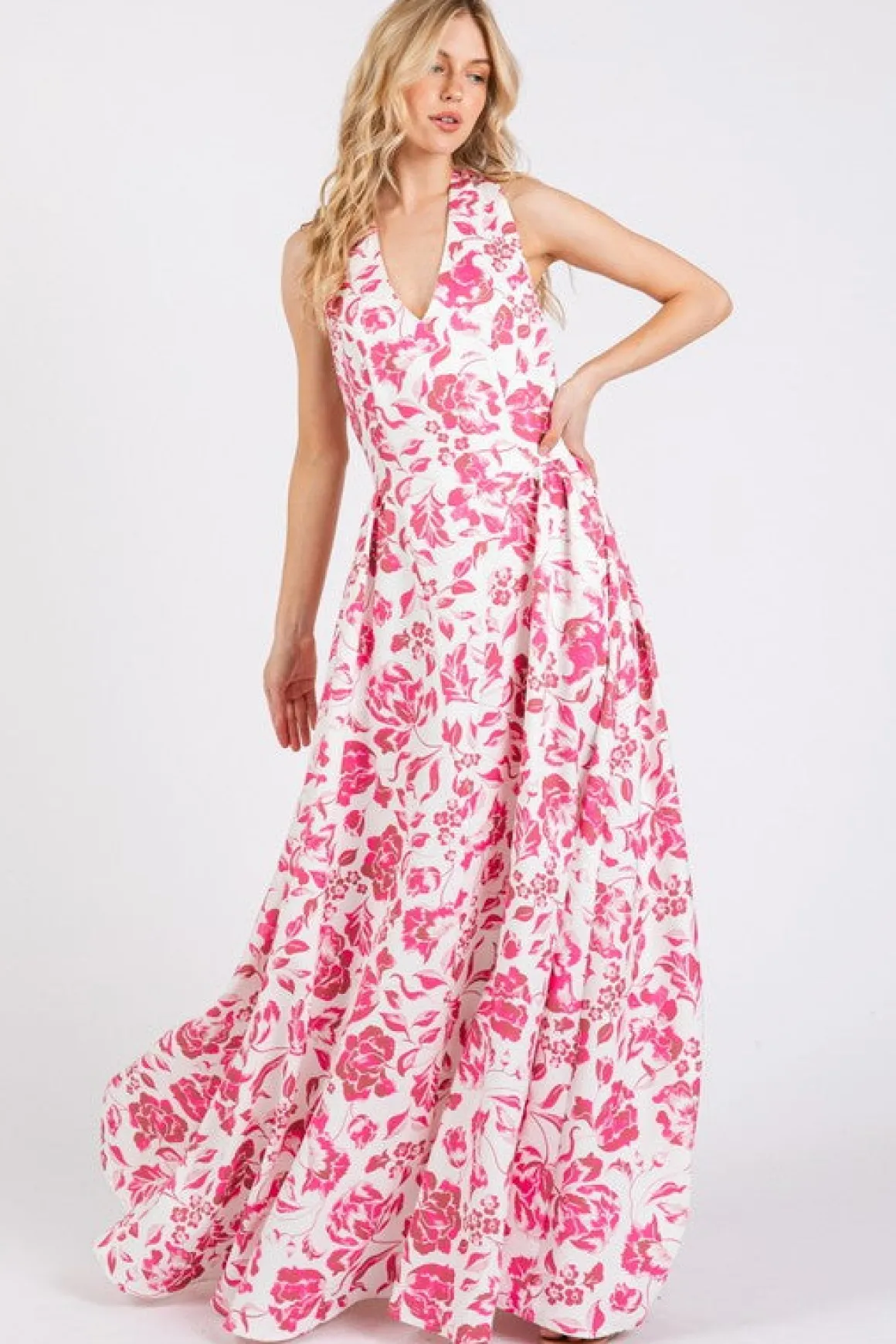 Waitlist 5/14 ♥ Alessandra Sleeveless Halter Floral Print Maxi Dress Pink