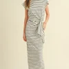 Waitlist 4/20 ♥ Avril Short Sleeve Knot Stripe Print Midi Dress White