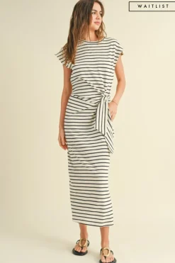 Waitlist 4/20 ♥ Avril Short Sleeve Knot Stripe Print Midi Dress White
