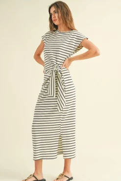 Waitlist 4/20 ♥ Avril Short Sleeve Knot Stripe Print Midi Dress White