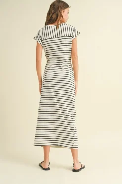 Waitlist 4/20 ♥ Avril Short Sleeve Knot Stripe Print Midi Dress White
