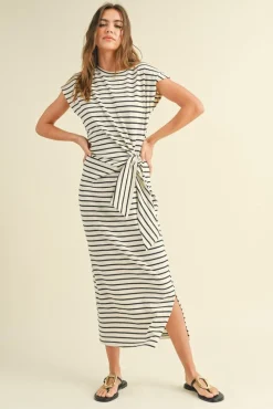 Waitlist 4/20 ♥ Avril Short Sleeve Knot Stripe Print Midi Dress White