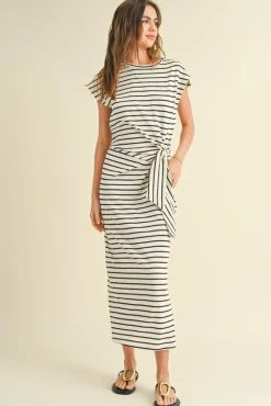 Waitlist 4/20 ♥ Avril Short Sleeve Knot Stripe Print Midi Dress White