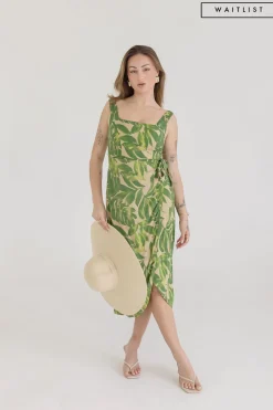 Waitlist 4/20 ♥ Cassandra Sleeveless Tropical Print Wrap Midi Dress Green