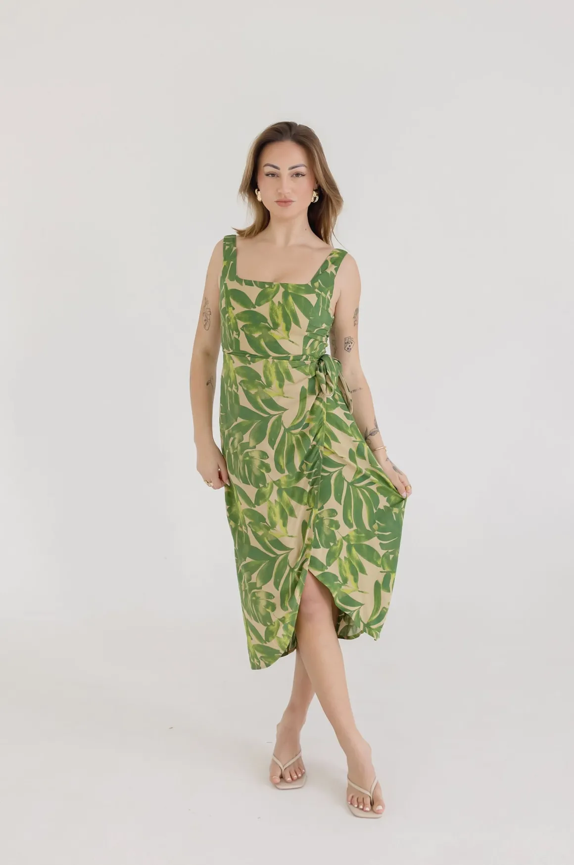 Waitlist 4/20 ♥ Cassandra Sleeveless Tropical Print Wrap Midi Dress Green