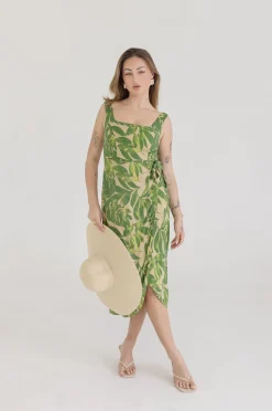 Waitlist 4/20 ♥ Cassandra Sleeveless Tropical Print Wrap Midi Dress Green