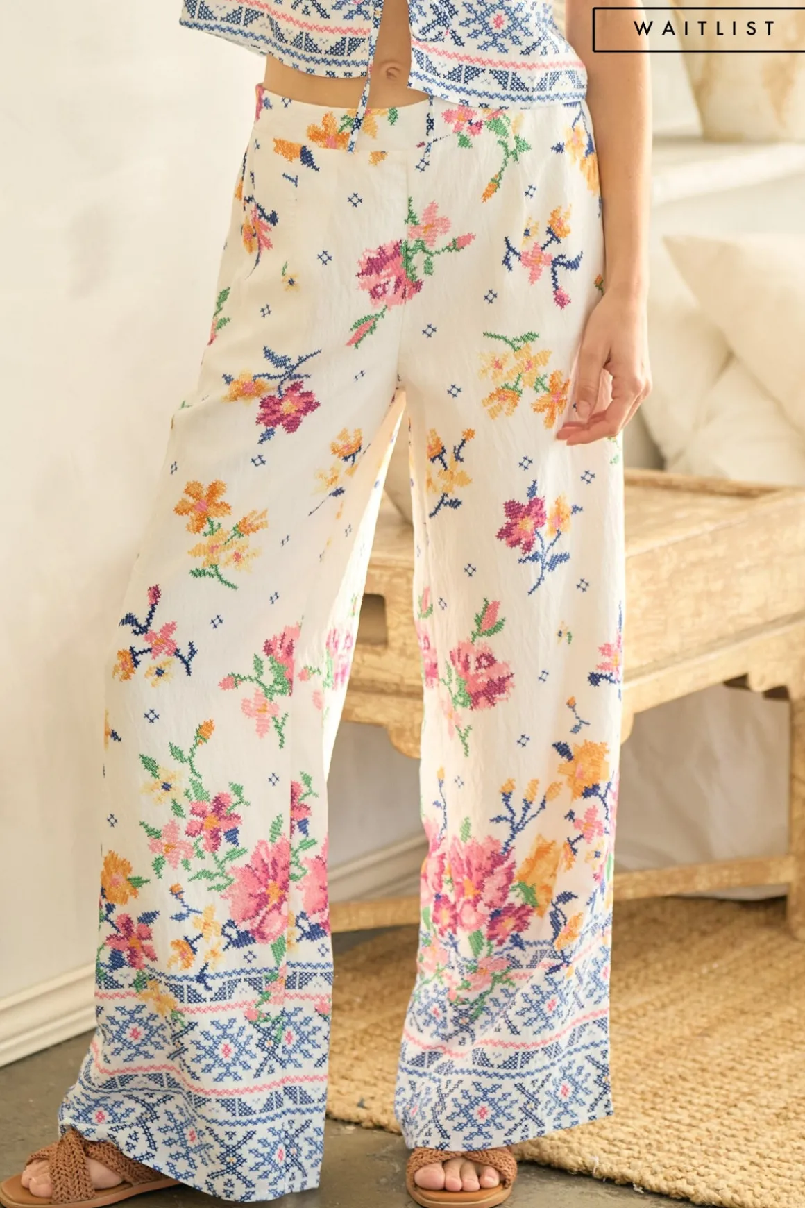 Waitlist 6/5 ♥ Demi Mid Rise Floral Print Wide Leg Pants White