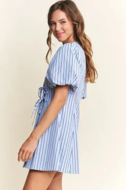 Waitlist 4/5 ♥︎ Dionne Short Puff Sleeve Stripe Print Wrap Mini Dress Blue