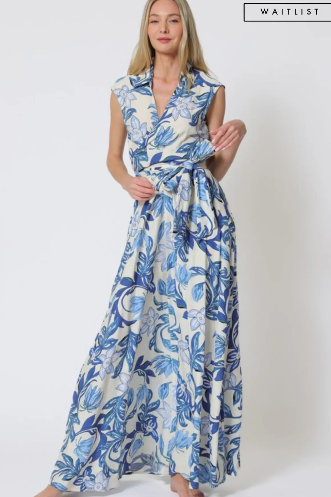 Waitlist 4/21 ♥ Eloise Cap Sleeve Waist Tie Floral Print Maxi Dress Blue