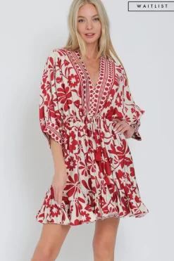 Waitlist 5/15 ♥ Flora Dolman Sleeve Floral Print Waist Tie Mini Dress Red