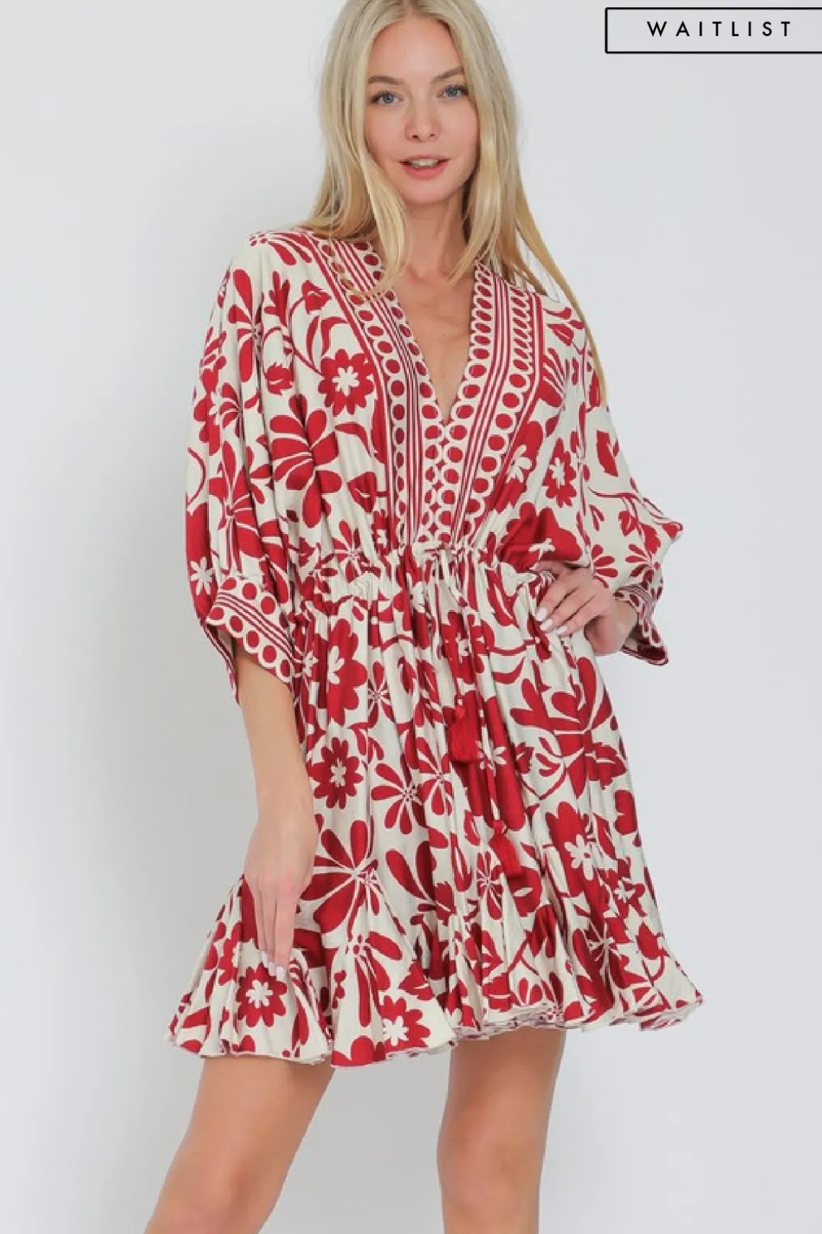 Waitlist 5/15 ♥ Flora Dolman Sleeve Floral Print Waist Tie Mini Dress Red