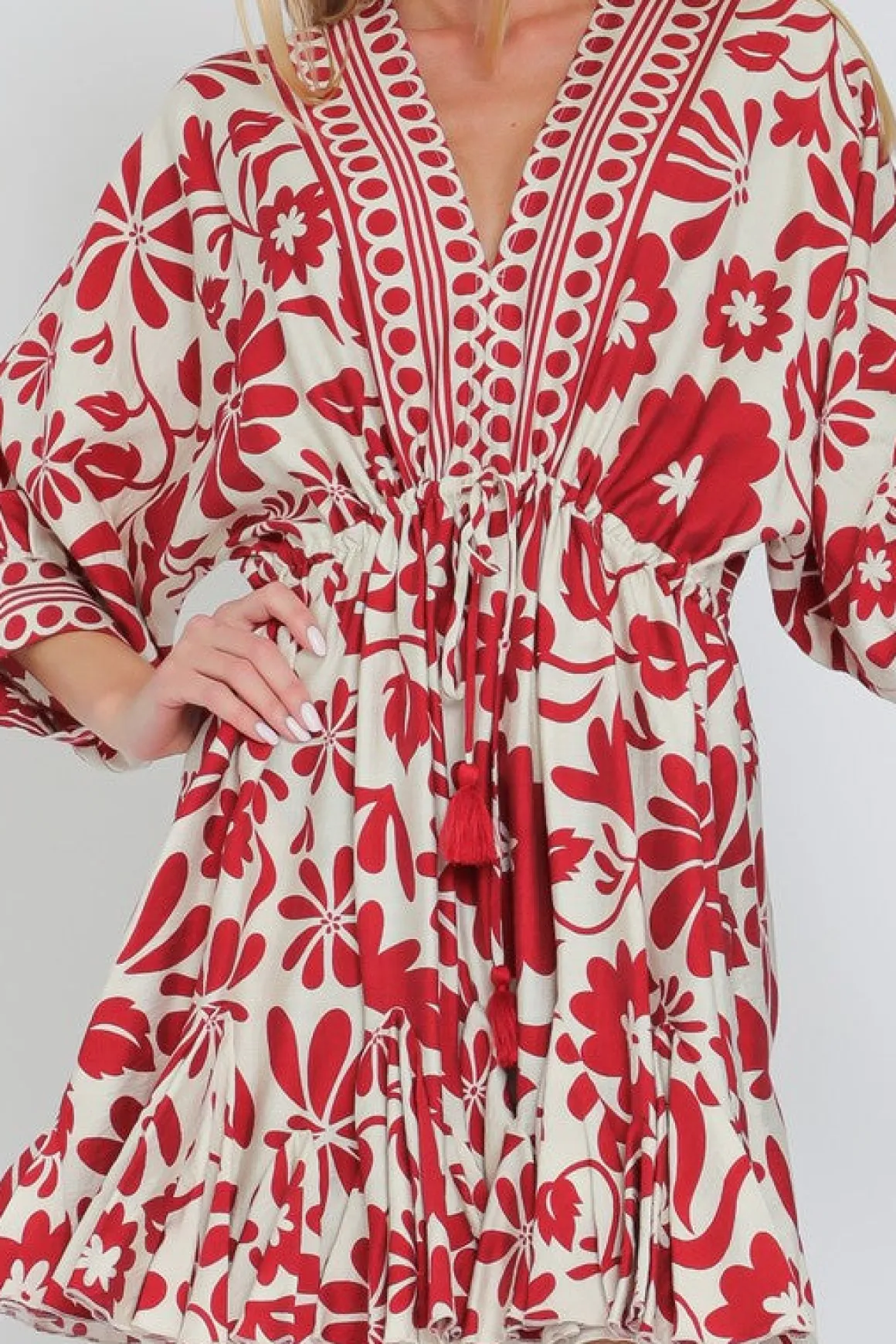 Waitlist 5/15 ♥ Flora Dolman Sleeve Floral Print Waist Tie Mini Dress Red