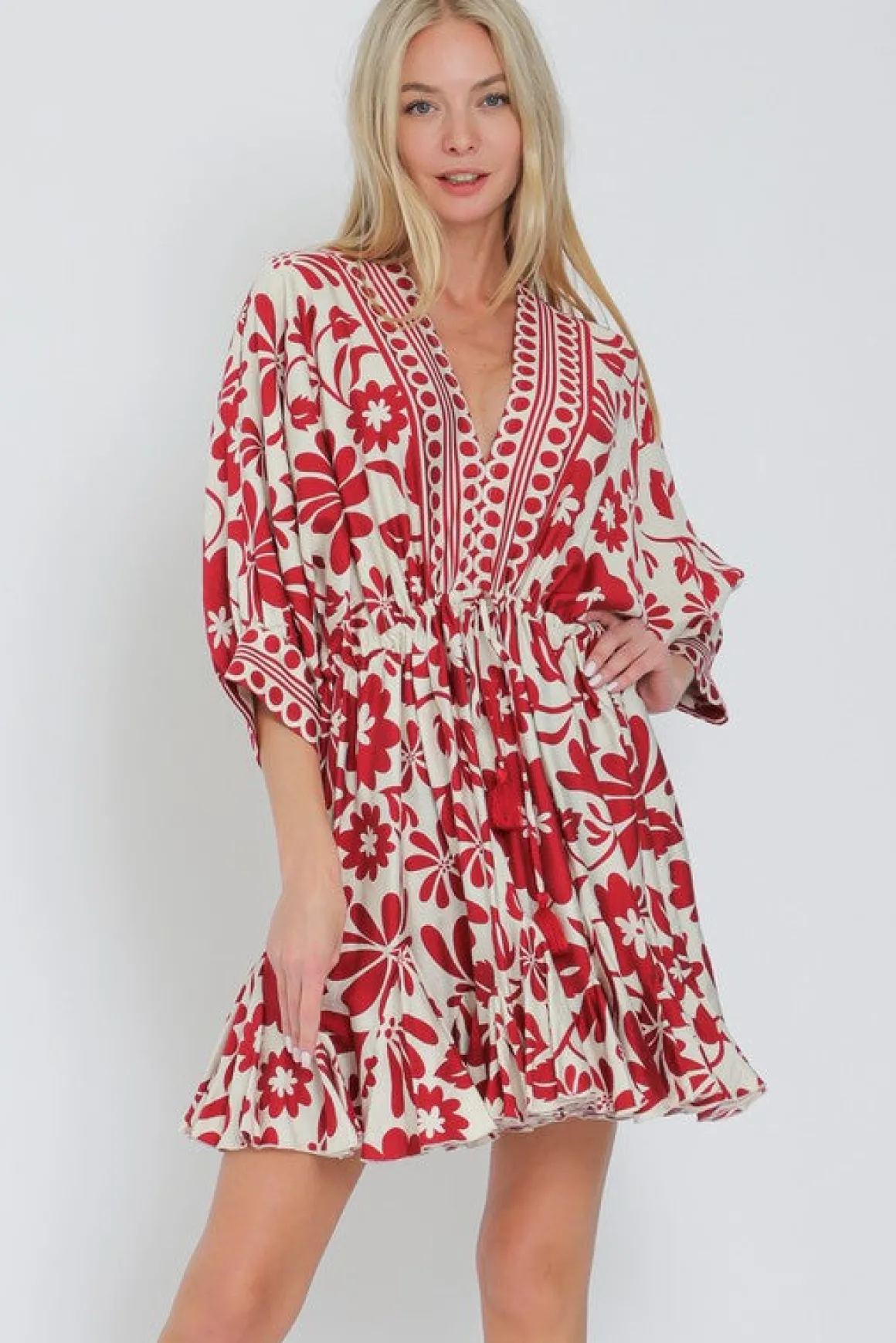 Waitlist 5/15 ♥ Flora Dolman Sleeve Floral Print Waist Tie Mini Dress Red