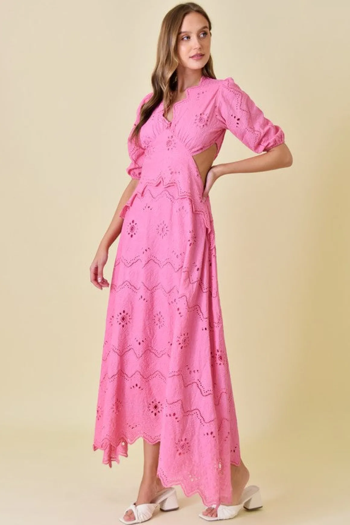 Waitlist 4/23 ♥ Gia Short Puff Sleeve Cut Out Eyelet Maxi Dress Pink