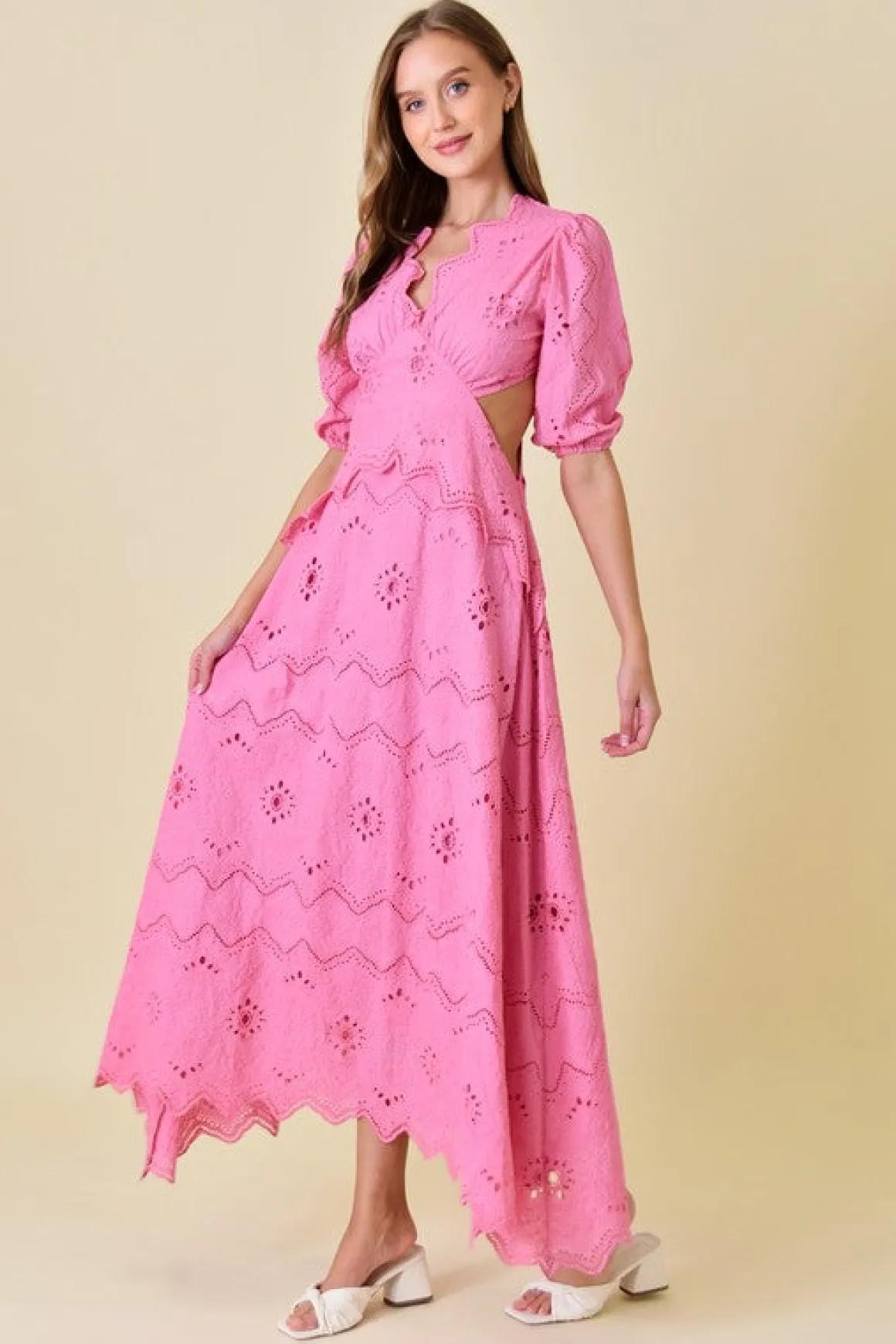 Waitlist 4/23 ♥ Gia Short Puff Sleeve Cut Out Eyelet Maxi Dress Pink