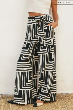 Waitlist 5/30 ♥ Gina High Waist Tie Abstract Print Wide Leg Pants Black